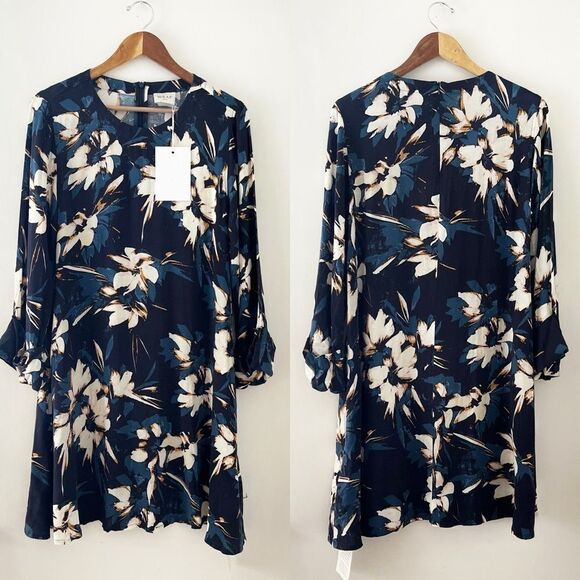 NWT Wrap London Navy Floral Long Sleeve Shift Dress - Picture 1 of 10